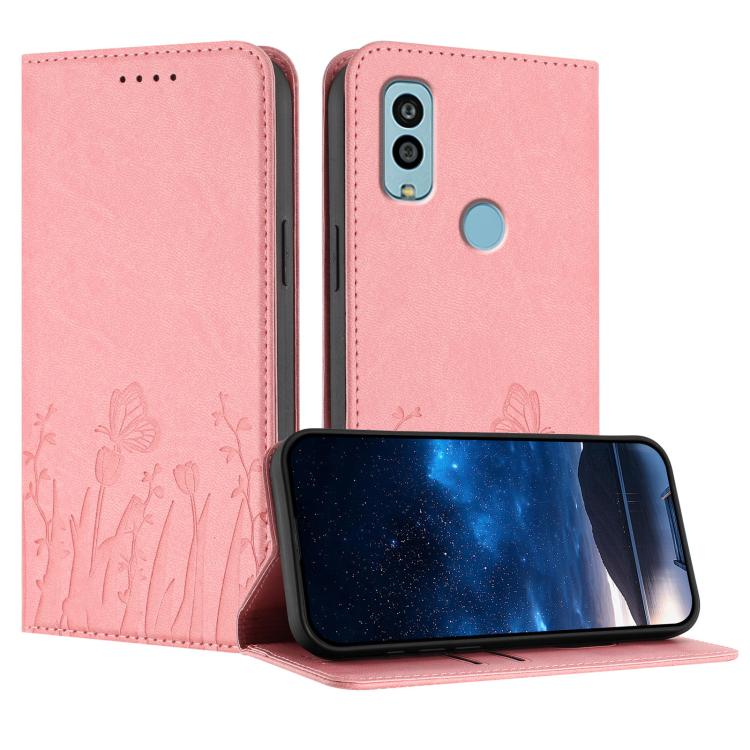 Pink magnetic vegan leather phone case with tulip and butterfly pattern, folio cover