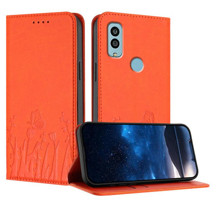 Orange magnetic vegan leather phone case with tulip and butterfly pattern, folio cover