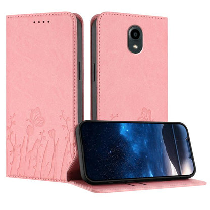 Pink magnetic flip wallet phone case with tulip and butterfly embossed design
