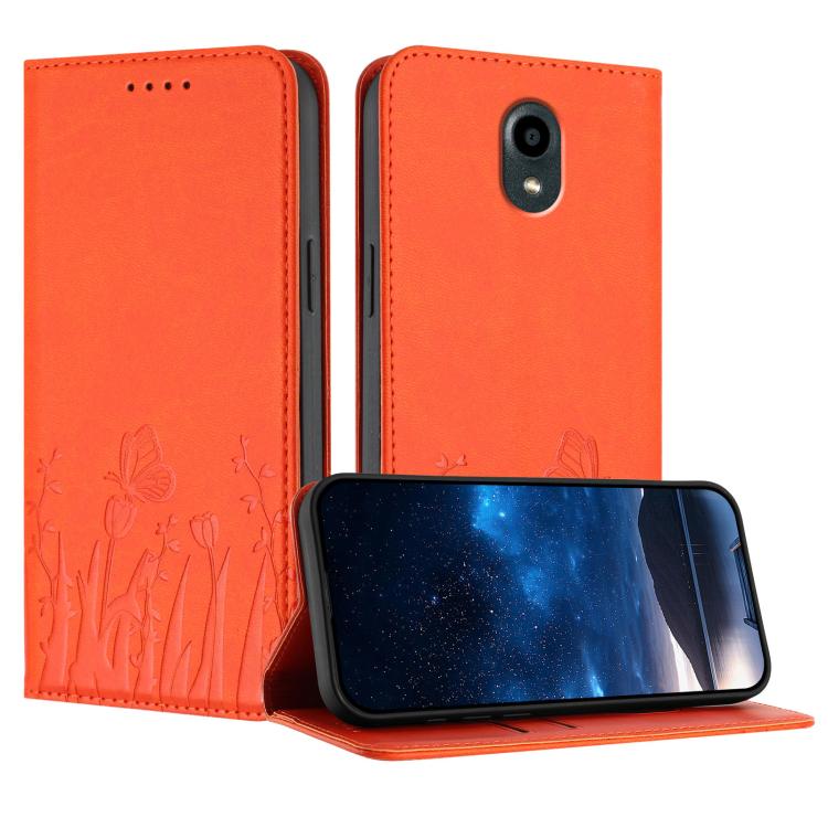 Orange magnetic flip wallet phone case with tulip and butterfly embossed design