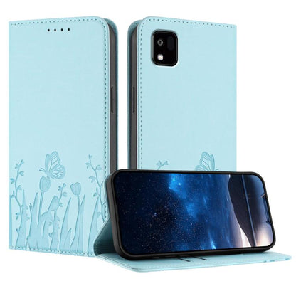 Light blue vegan leather phone case with butterfly and tulip pattern, magnetic closure