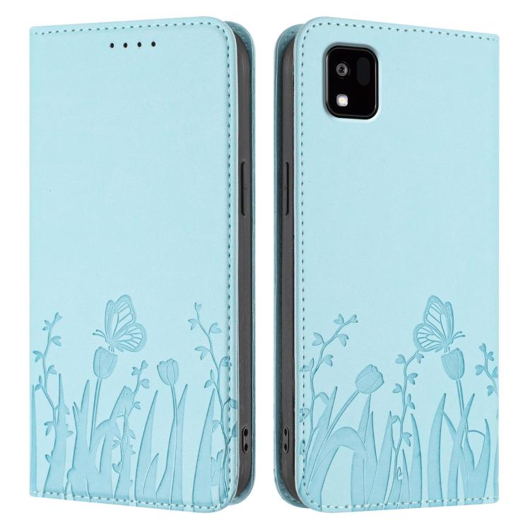 Light blue folio phone case with butterfly and tulip pattern, stitched edges and side cutouts