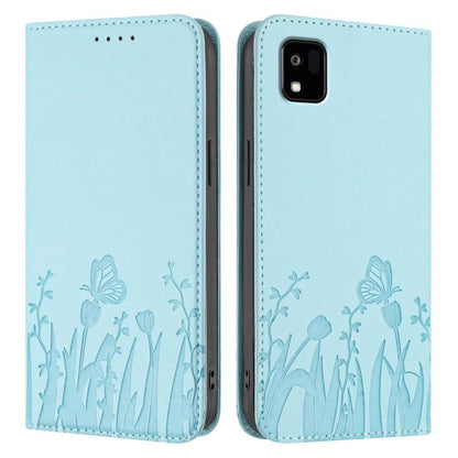 Light blue folio phone case with butterfly and tulip pattern, stitched edges and side cutouts