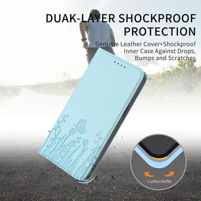 Light blue folio phone case with butterfly-tulip pattern and shockproof dual-layer design