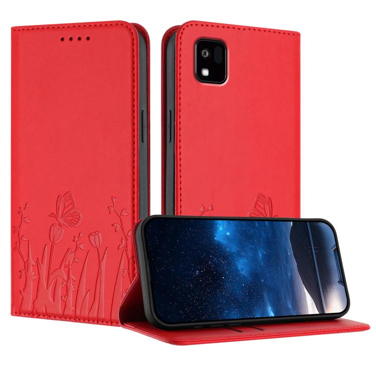Red vegan leather phone case with butterfly and tulip pattern, folio front pocket, magnetic flap