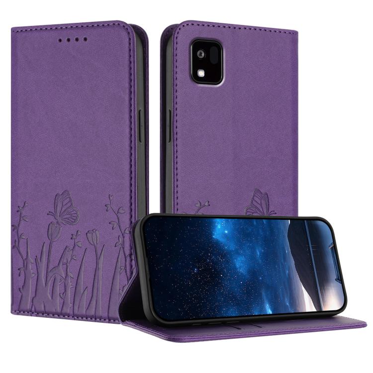 Purple magnetic vegan leather phone case with tulip and butterfly pattern, folio cover
