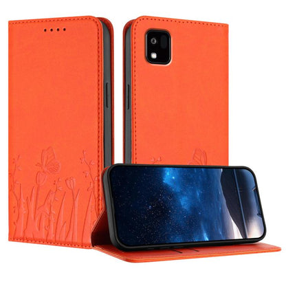 Orange magnetic vegan leather phone case with tulip and butterfly pattern, folio cover