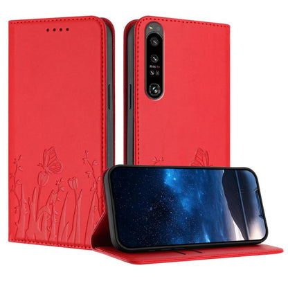 Red magnetic vegan leather phone case with tulip and butterfly pattern, flip cover