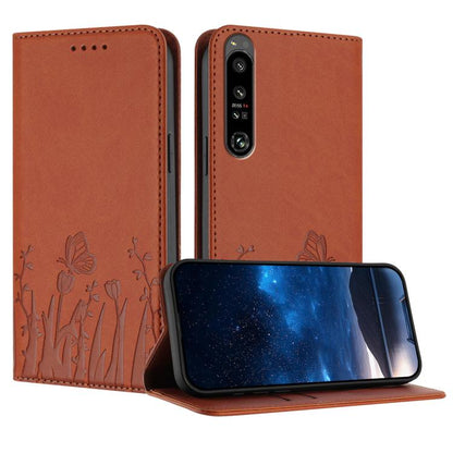 Brown vegan leather phone case with tulip and butterfly pattern, flip cover
