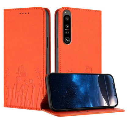 Orange vegan leather phone case with tulip and butterfly pattern, flip cover