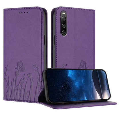 Purple magnetic vegan leather phone case with foliate butterfly tulip pattern and front cover
