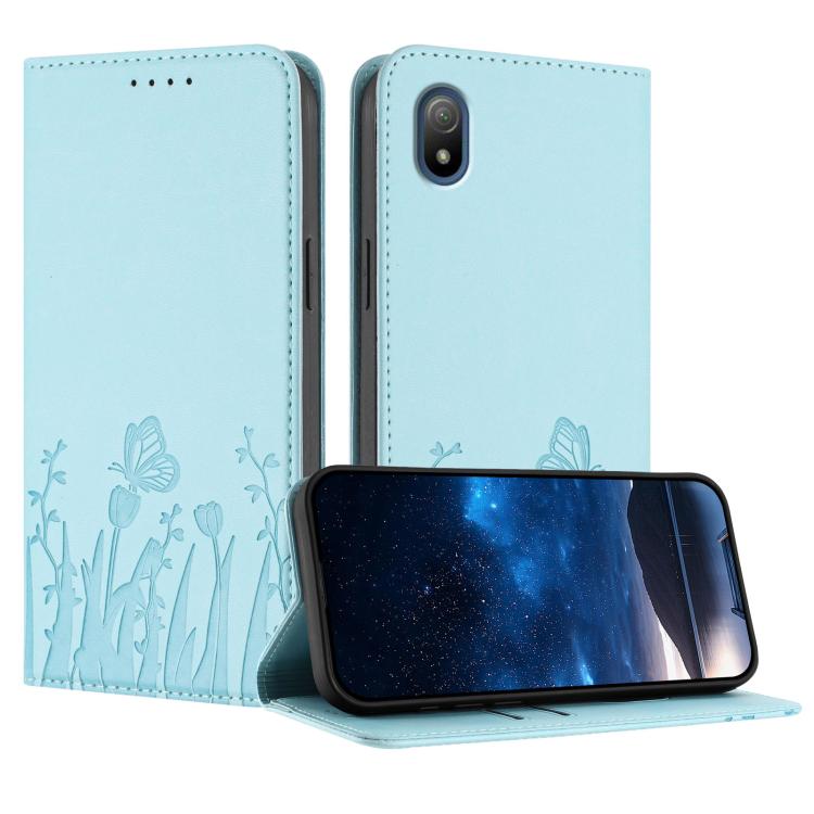 Light blue magnetic folio phone case with tulip and butterfly pattern and flip cover