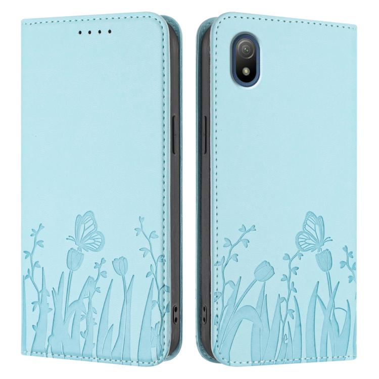 Light blue folio phone case with tulip and butterfly pattern, side and back view