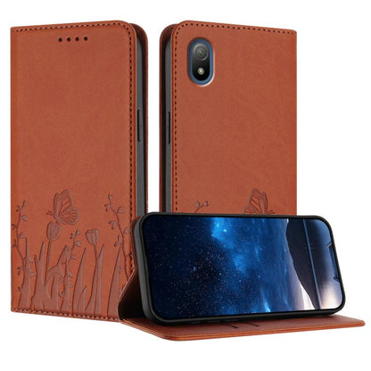 Brown magnetic vegan leather phone case with tulip and butterfly pattern, flip cover