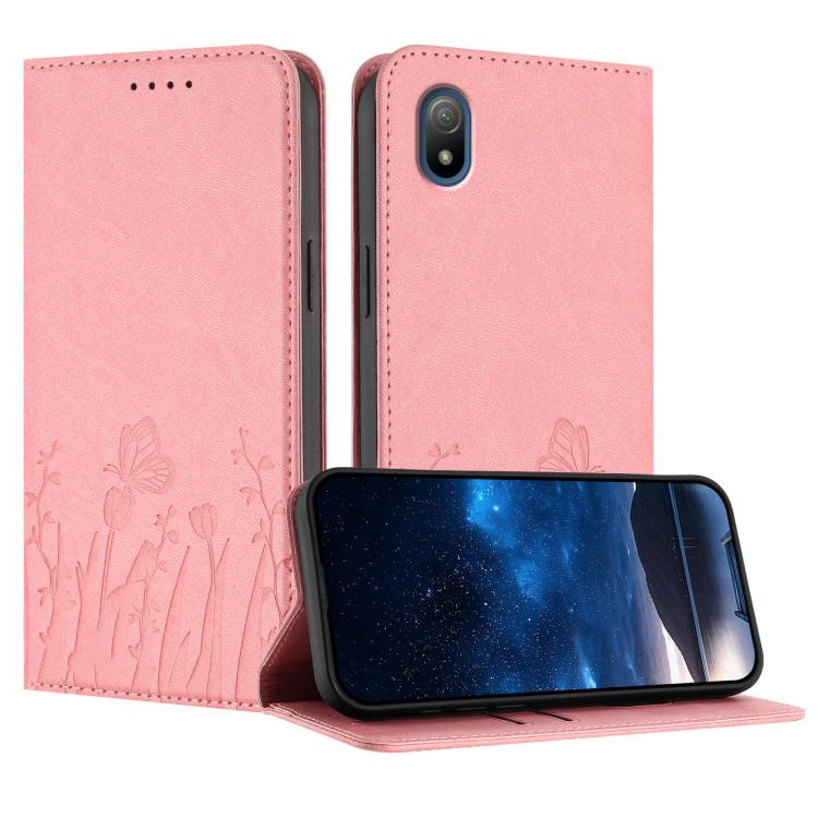 Pink magnetic vegan leather phone case with tulip and butterfly pattern, flip cover