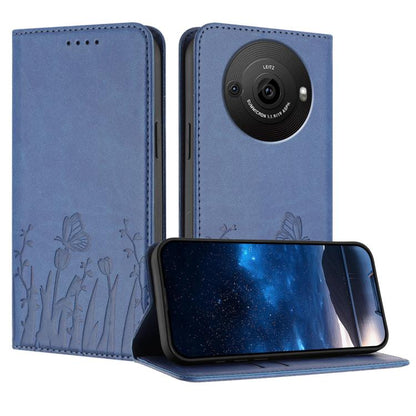 Steel blue magnetic vegan leather phone case with tulip and butterfly line art, front flap open