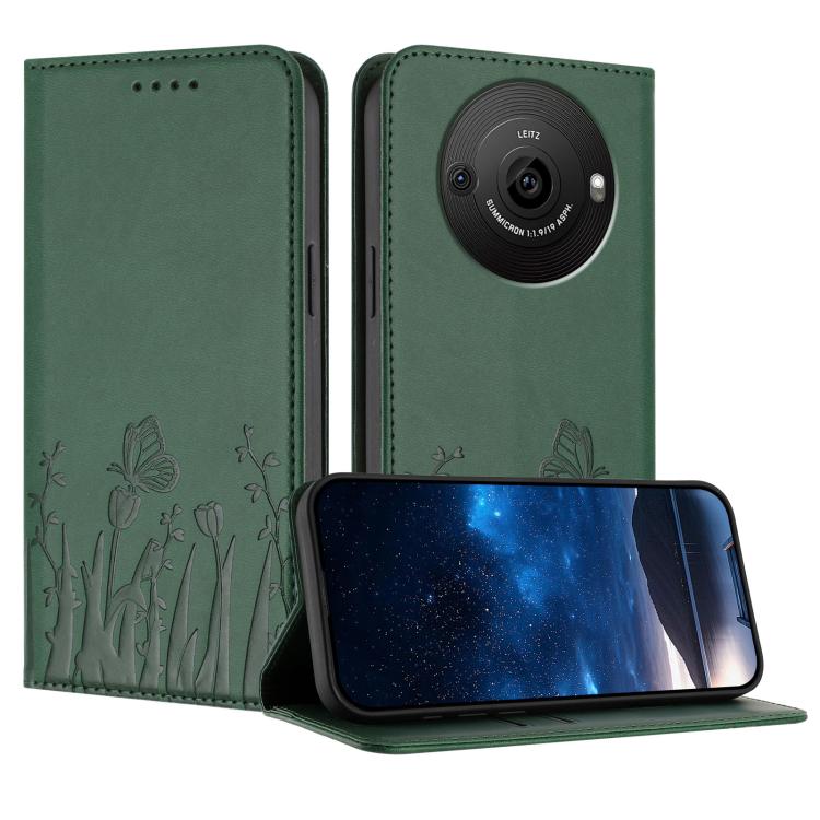 Green vegan leather phone case with tulip and butterfly line art, magnetic folio style