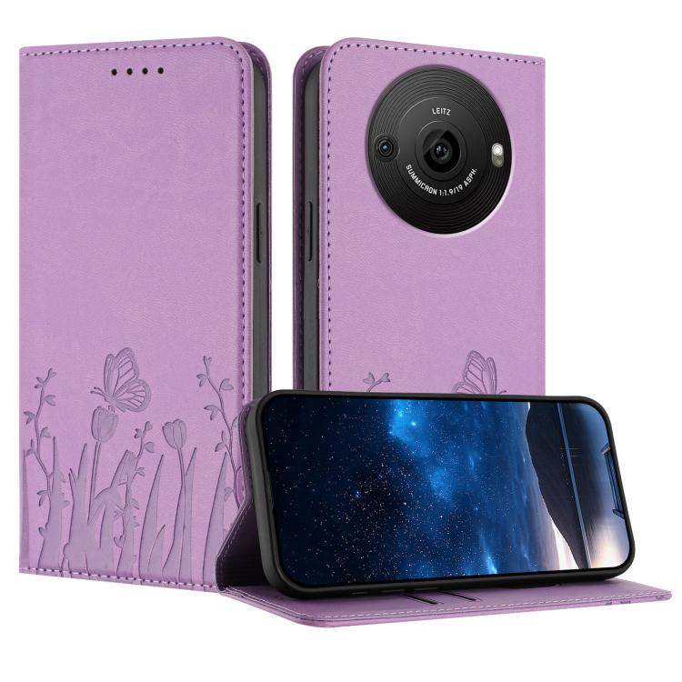 Light purple vegan leather phone case with tulip and butterfly line art, magnetic folio style