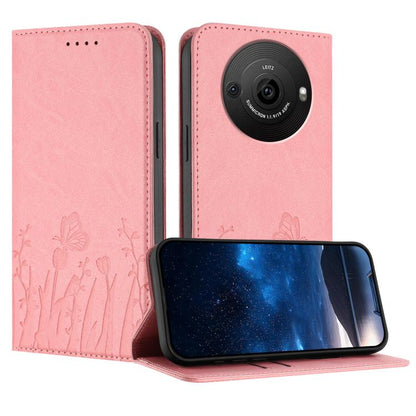 Pink vegan leather phone case with tulip and butterfly line art, magnetic folio style