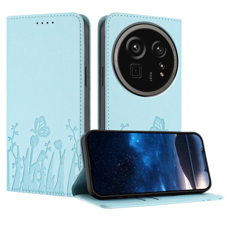 Magnetic vegan leather phone case, light blue with tulip butterfly pattern and flip cover