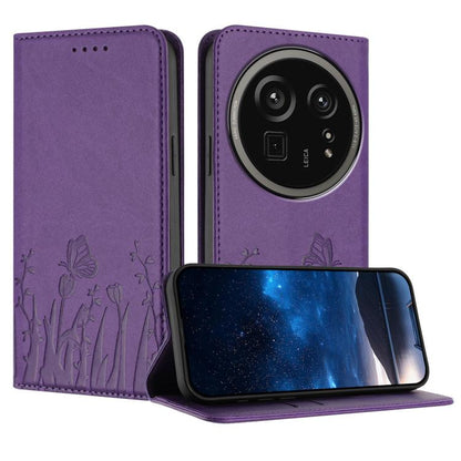 Purple vegan leather phone case with magnetic folio flap, tulip and butterfly pattern