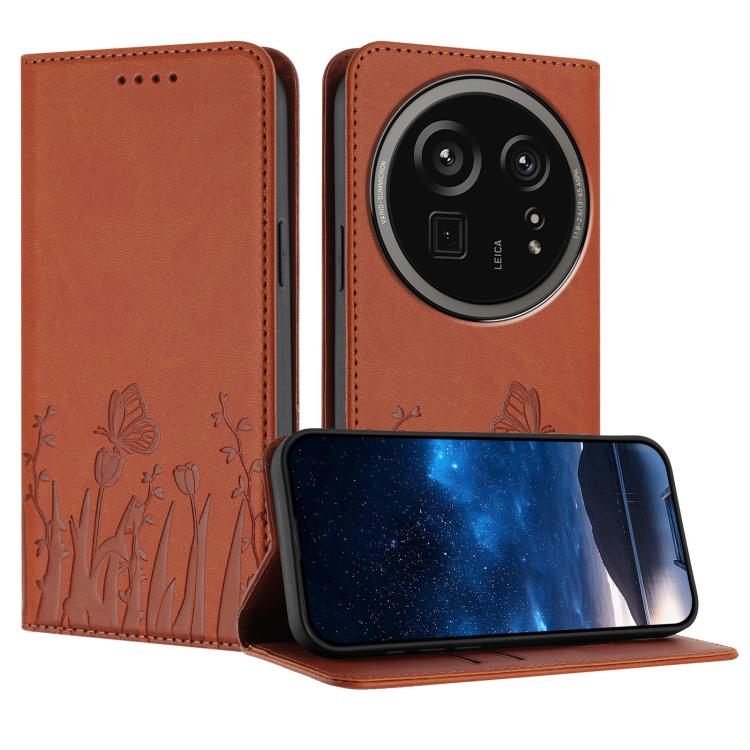 Orange vegan leather phone case with magnetic folio flap, tulip and butterfly pattern