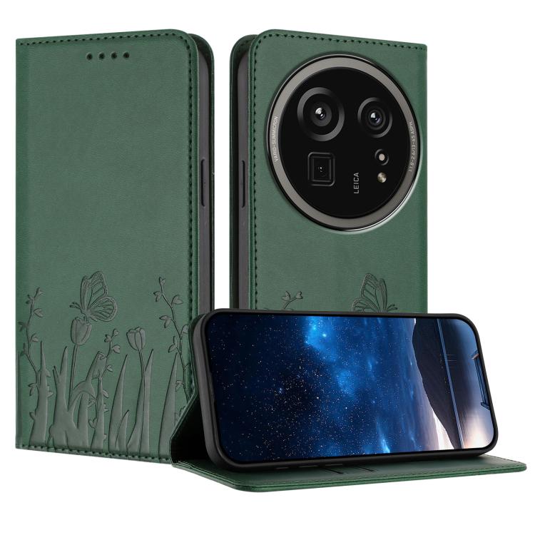 Dark green vegan leather phone case with magnetic folio flap, tulip and butterfly pattern