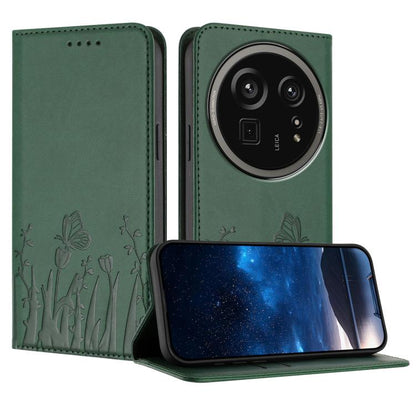 Dark green vegan leather phone case with magnetic folio flap, tulip and butterfly pattern