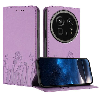 Purple vegan leather phone case with magnetic folio flap, tulip and butterfly pattern