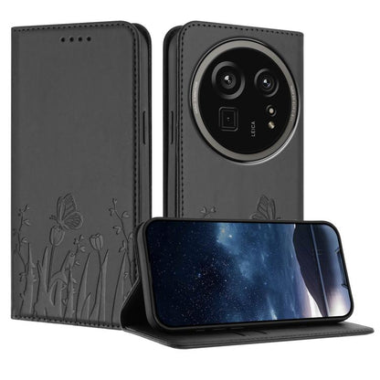 Black vegan leather phone case with magnetic folio flap, tulip and butterfly pattern