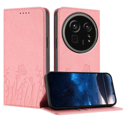 Pink vegan leather phone case with magnetic folio flap, tulip and butterfly pattern