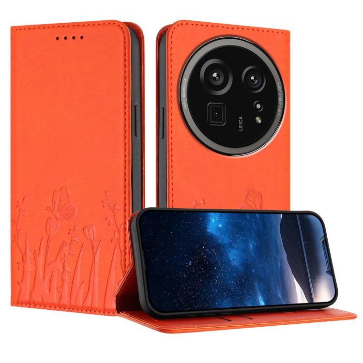 Orange vegan leather phone case with magnetic folio flap, tulip and butterfly pattern