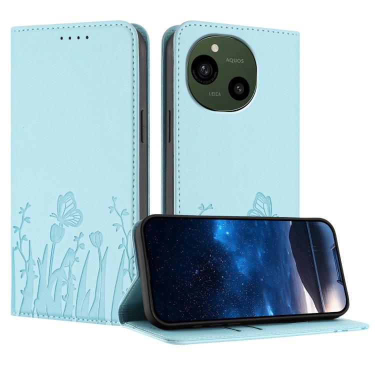 Light blue magnetic vegan leather phone case with butterfly and tulip pattern, wallet style