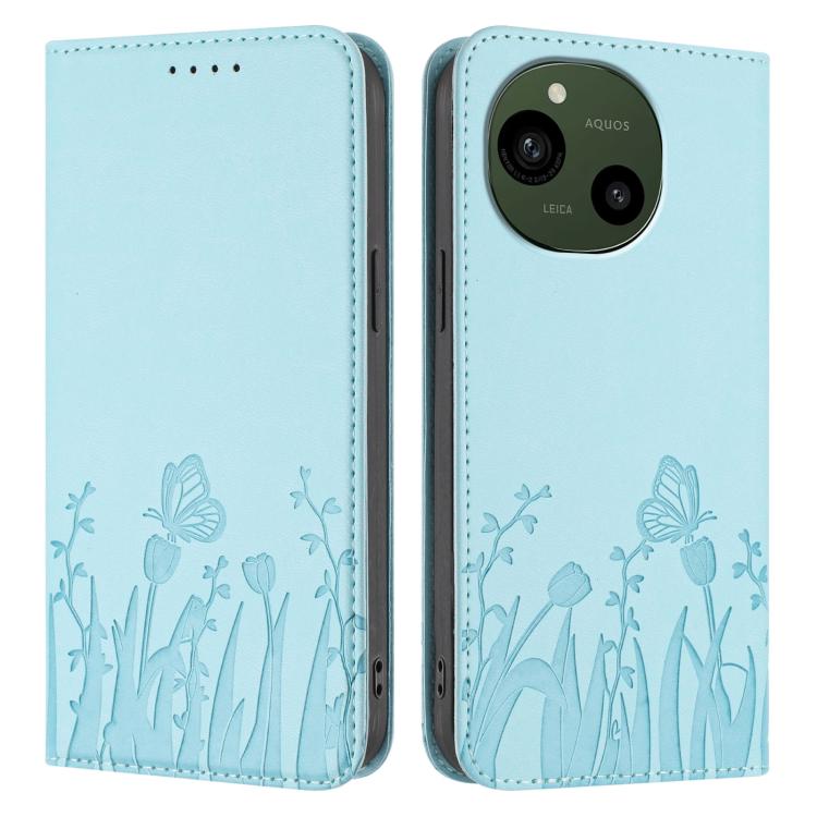 Light blue folio magnetic phone case with butterfly and tulip pattern, front and back view