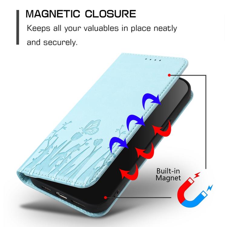 Light blue folio phone case with butterfly tulip pattern and built-in magnetic closure