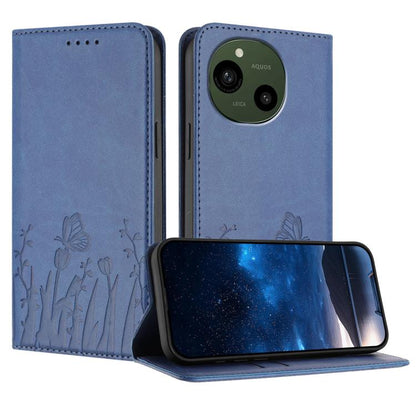 Dark blue magnetic vegan leather phone case with butterfly and tulip pattern, wallet style
