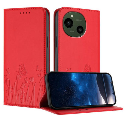 Red magnetic vegan leather phone case with butterfly and tulip pattern, wallet style