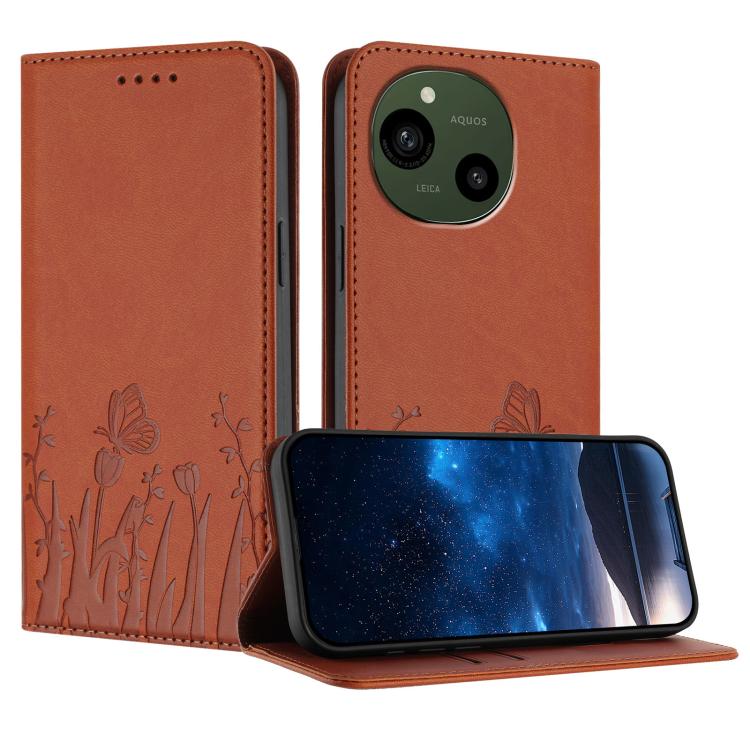 Magnetic vegan leather phone case, rust orange with tulip and butterfly line print