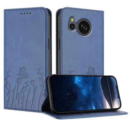 Magnetic vegan leather phone case, blue with butterfly and tulip pattern, magnetic flap