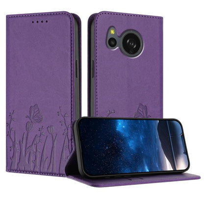 Purple magnetic vegan leather phone case with tulip and butterfly line art, front flap open