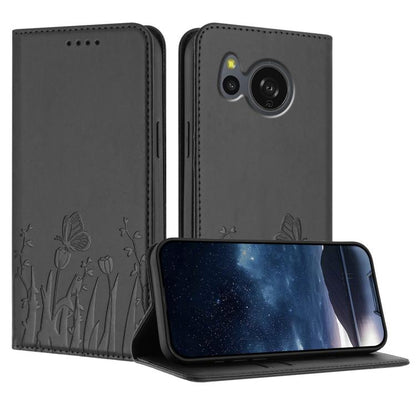 Dark gray magnetic vegan leather phone case with tulip and butterfly line art, front flap open