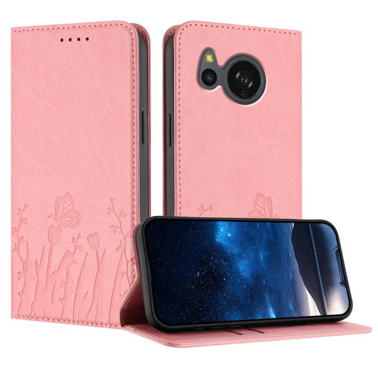 Pink magnetic vegan leather phone case with tulip and butterfly line art, front flap open