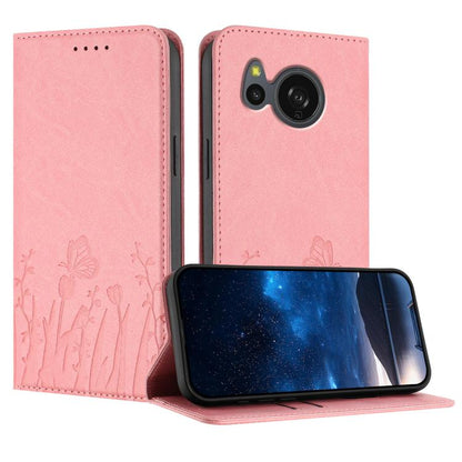Pink magnetic vegan leather phone case with tulip and butterfly line art, front flap open