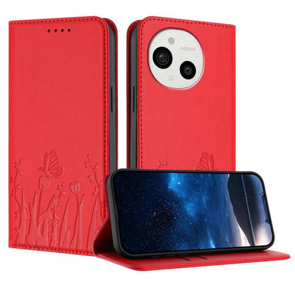 Red vegan leather phone case with tulip and butterfly pattern, flip cover