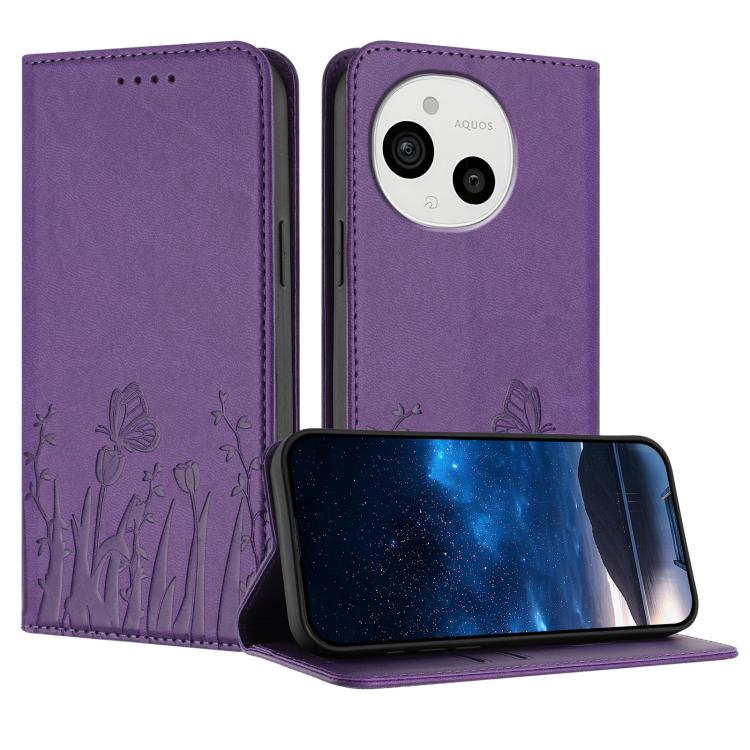 Magnetic vegan leather phone case, purple with tulip butterfly pattern and card slots