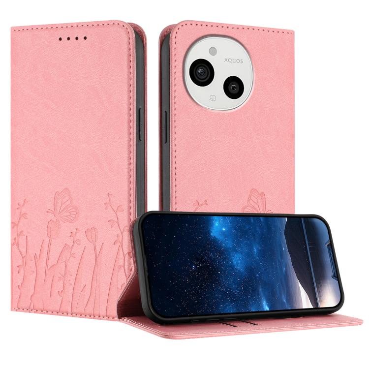 Magnetic vegan leather phone case, pink with tulip butterfly pattern and flip cover