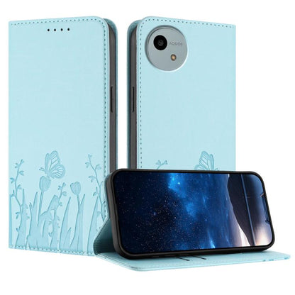 Light blue vegan leather phone case with magnetic folio flap, tulip and butterfly pattern