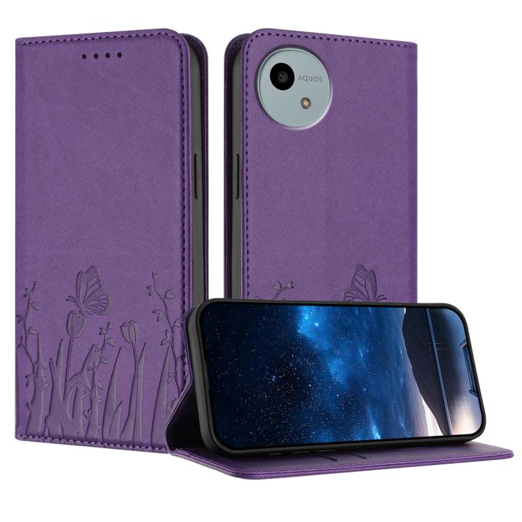 Magnetic vegan leather phone case, purple with butterfly and tulip pattern, magnetic flap