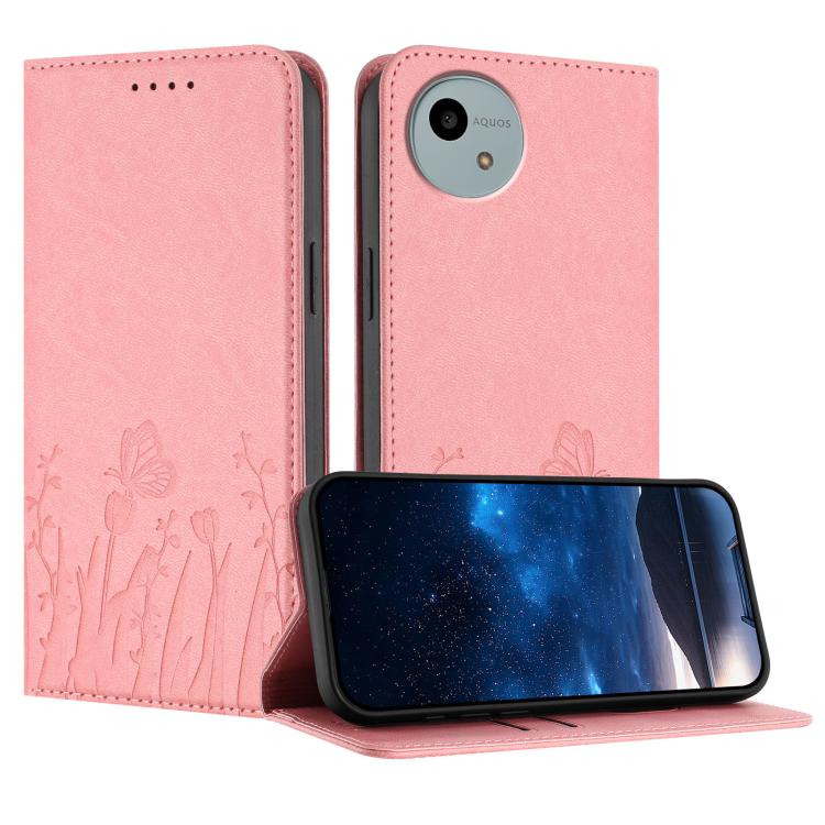 Magnetic vegan leather phone case, pink with butterfly and tulip pattern, magnetic flap