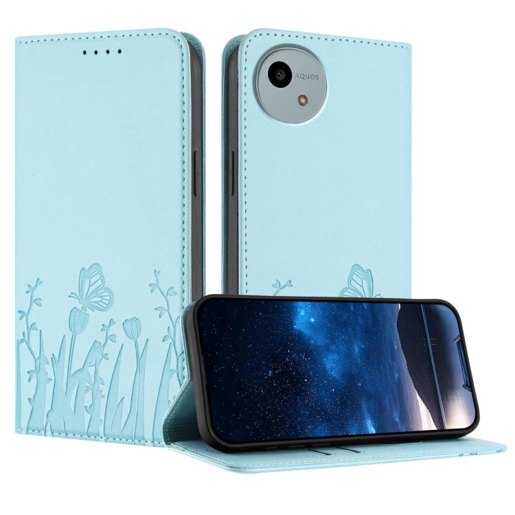 Magnetic vegan leather phone case, light blue with tulip and butterfly line print